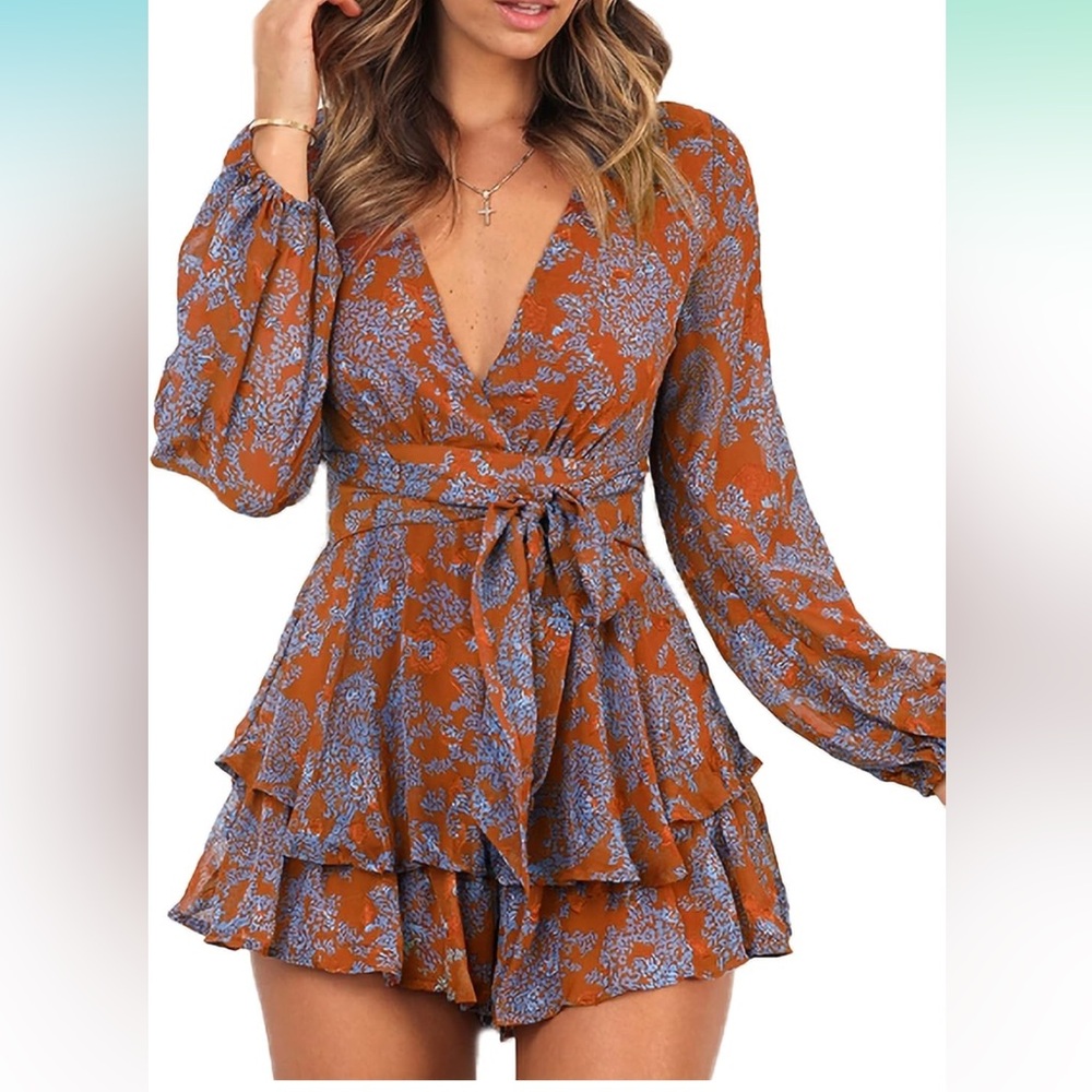 Romper Floral Print V Neck Baggy Sleeve Waist Tie Layered Ruffle Hem Short